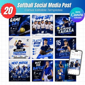Może przedstawiać: Zestaw 20 edytowalnych szablonów mediów społecznościowych do softballu w Canva. Szablony zawierają ogłoszenia o dniach meczowych, reflektory graczy i szczegóły nadchodzących starć. Projekty wykorzystują niebieskie i białe schematy kolorów z obrazami softballu.