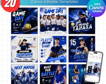 Softball Canva Templates Bundle, 20 Editable Sports Social Media Posts, Game Day, Player of the Game, Team Instagram Graphics Pack