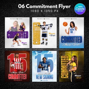 Peut inclure: Une collection numérique de six modèles de flyers d'engagement sportif présentant des athlètes dans diverses tenues, notamment volley-ball, hockey, basket-ball, football et softball. Chaque flyer inclut du texte en gras comme COMMITTED et NEW SIGNING.