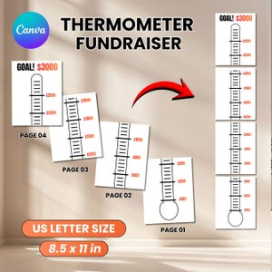 May include: Thermometer fundraiser design with the text "Thermometer Fundraiser" and "Goal! $3000". The design includes thermometer graphics with dollar amount increments. The paper size is 8.5 x 11 in.