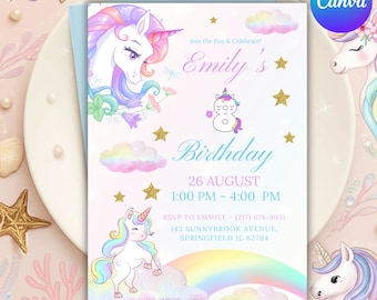 Unicorn Birthday Invitation, Rainbow Unicorn Birthday Invite, Magical Party Invite, Pastel Rainbow Unicorn Invitation, Editable Template