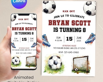 Fußball-Geburtstags-Einladung, Fußball-Party einladen, Kinder-Geburtstags-Party Einladungen, druckbare Fußball-Kinder-Party einladen, digitale Einladung