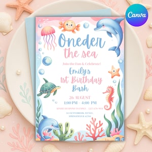 Oneder the Sea Birthday Invitation Printable, Under the Sea Editable Template, Girl Printable Ocean Animals, 1st Birthday Invite