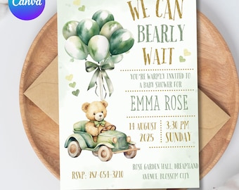 Bear Baby Shower Invite, Editable Template We Can Bearly Wait Baby Shower Invitation, Bear Invite for Boys, Editable in Canva