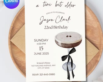 Tini Bit Older Birthday Invite, Espresso Martini Themed Birthday Invitation Template, Classy Cocktail Party Invite, Editable in Canva
