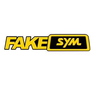 May include: A logo with the words "FAKE" in yellow, outlined in black, and "SYM" in yellow within a black rectangle with a yellow border. The logo is set against a white background.