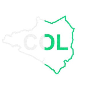 May include: White outline of a country map with the letters "COL" in the center. The "C" and "O" are white, and the "L" is green. The outline of the map is also green.