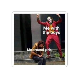 May include: A sticker featuring a meme with two figures. One figure, dressed as the Joker, stands triumphantly in a red suit. The other figure, in a brown jacket, sits dejectedly. Text reads "Me with the boys" and "Me around girls."