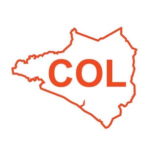 May include: A white graphic with a red outline of a country's shape, with the letters "COL" in bold red font inside the outline. The design is simple and clean, with a focus on the country's outline and the text.