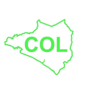 May include: A bright green outline of a landmass with the letters "COL" in the center. The letters and outline have a textured appearance, set against a plain white background. The image is a graphic representation.