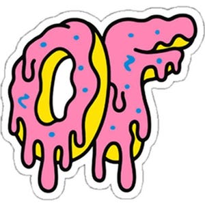 May include: A sticker featuring a pink donut with yellow filling and blue sprinkles. The word "OF" is integrated into the donut design, with a dripping icing effect. Outlined in black, it has a white border.