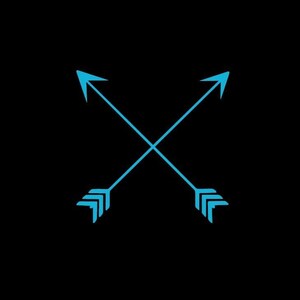 May include: A graphic design featuring two crossed arrows in a light blue color against a solid black background. The arrows intersect in the center, with the arrowheads pointing outwards.