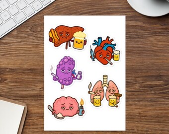 Cartelas de adesivos engraçados com órgãos, adesivos de vinil com humor médico.
