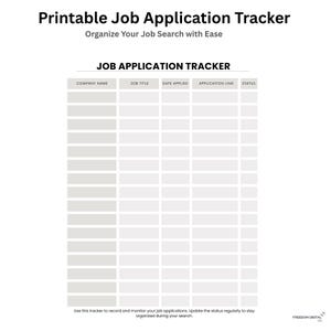 May include: A printable job application tracker with the title "Printable Job Application Tracker" and the subtitle "Organize Your Job Search with Ease." The tracker includes columns for company name, job title, date applied, application link, and status.