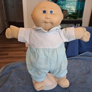 Vintage Preemie Cabbage Patch Kid Doll: Bald, blue Eyes, Blue and White Outfit