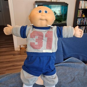 Vintage Cabbage Patch Kid Doll: Bald, Blue Eyes, Blue and Gray 31 Sweatsuit