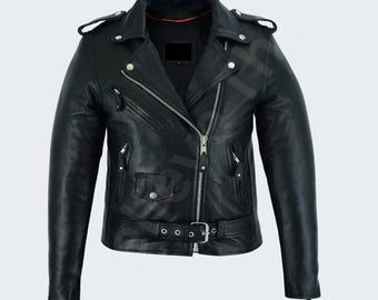 Women Motorcycle Classic Leather Jacket Cowhide Leather Silver Hardware