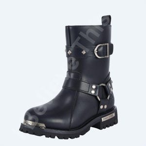 Women Studded Black Leather  Biker Boots, Gothic Punk Fashion, Straps & Ring on Ankle