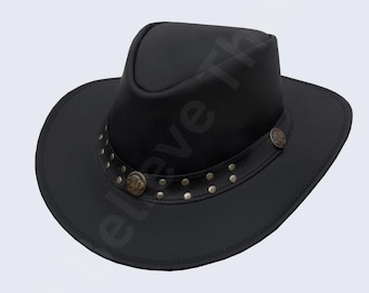 Men's Black Leather Western Cowboy Studded Hat: Vintage Western Outback Style