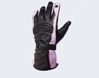 Ladies Pink Full Finger Leather Gauntlet Gloves| Long Cuff Riding Gloves for Women