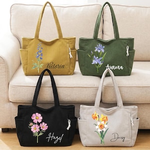 Custom Birth Flower Corduroy Tote Bags, Personalized Large Capacity Zippered Commuter Handbag with Side Pockets, Birthday Gifts for Mom