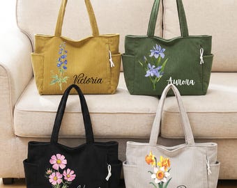 Custom Birth Flower Corduroy Tote Bags, Personalized Large Capacity Zippered Commuter Handbag with Side Pockets, Birthday Gifts for Mom