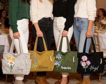 Custom Birth Flower Corduroy Tote Bags, Personalized Large Capacity Zippered Commuter Handbag with Side Pockets, Birthday Gifts for Mom