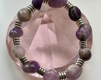 Mixed Stone Stretch Bracelet in Lavender & Plum | Amethyst-Toned Beads | Silver Accent Bracelet | Handmade Jewelry