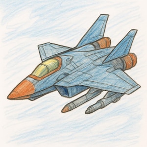 Könnte beinhalten: Handgezeichnete Illustration eines blauen Kampfflugzeugs mit orangefarbenen und gelben Akzenten. Das Flugzeug hat zwei Raketen angebracht und ist vor einem hellblauen Hintergrund dargestellt.