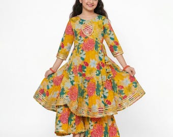 Ensemble fille Anarkali Sharara à fleurs jaunes, tenues traditionnelles de festival pour enfants, redingote en coton Jaipuri