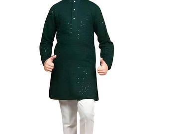 Geborduurde donkergroene Kurta-pyjamaset: Indiase etnische kleding jongens