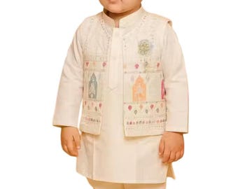 Boys' White Kurta Pajama and Waistcoat Set, Kids Indian Ethnic Wear, Kids Sherwani