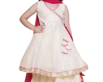 Embroidered White Anarkali Kurti Sharara Set, Girls Ethnic Wear