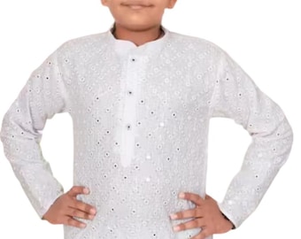 Boys White Cotton Kurta Pajama Set, Mirror Work Festive Wear