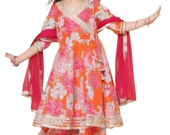 Girls' Orange Floral Anarkali Kurti Sharara Set, Rayon Ethnic Wear