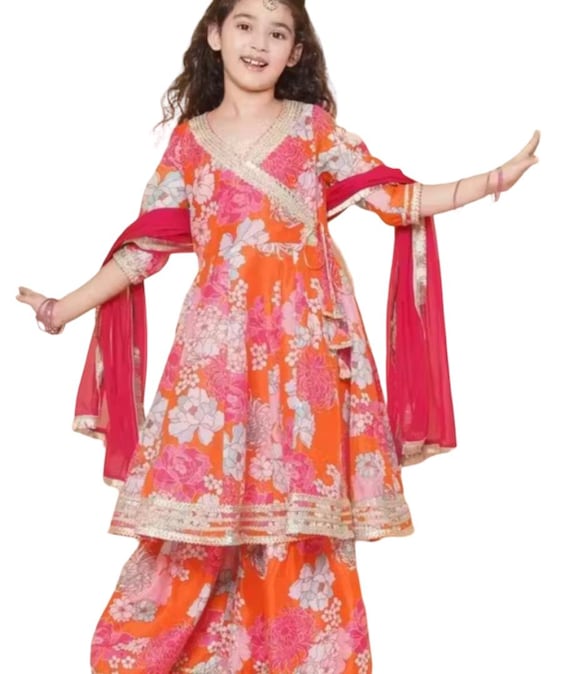 Girls' Orange Floral Anarkali Kurti Sharara Set, Rayon Ethnic Wear