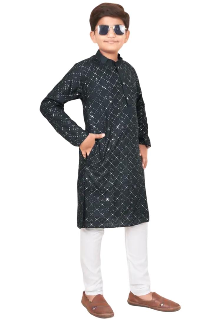 Boys Black Cotton Kurta Pajama Set, Mirror Work, Kids Ethnic Festive Wear
