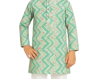 Boys' Green Printed Kurta Pajama Set, Cotton Blend Indian Outfit