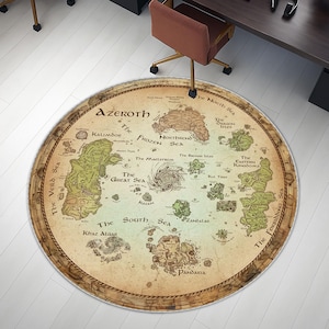 May include: Round area rug featuring a map of Azeroth, with landmasses in green and brown against a parchment-like background. The rug has a detailed border and text labels, including "Azeroth" and various sea names. The rug is placed on a white floor.