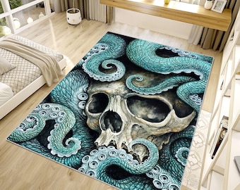 Octopus and Skull Rug, Skull Rug, Animal Rug, Nautical Area Rug, Sea Creature Carpet, Ocean Theme Decor,Coastal Style Rug,Boho Statement Rug