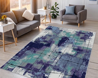 Blue & Teal Abstract Grid Rug: Modern Minimalist Carpet