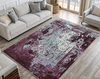 Vintage Distressed Plum & Aqua Rug: Boho Cotton Area Carpet