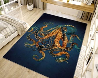 Octopus Runner, Gold Detailed, Runner Rug, Octopus Rug, Red Octopus Rug,Mosaic Art,Mosaic Rug, Eight Arm Rug, Colorful Rug, Customizable Rug