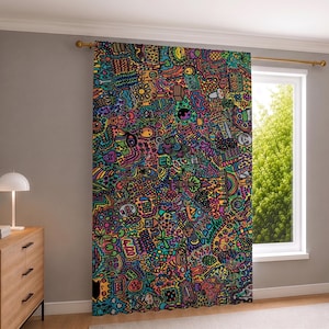 May include: A single window curtain panel featuring a dense, colourful doodle pattern with various abstract shapes, symbols, and small illustrations in vibrant shades of pink, blue, yellow, orange, and purple against a dark background.
