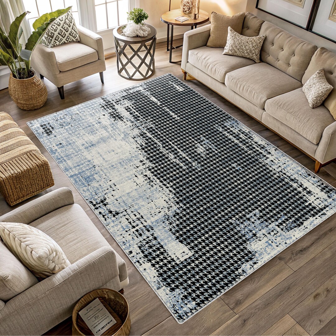 Modern Houndstooth Area Rug: Black & White Distressed Pattern - Etsy