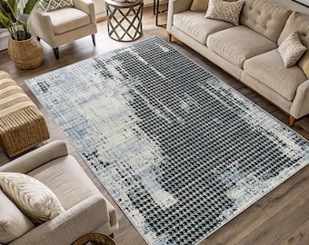 Modern Houndstooth Area Rug: Black & White Distressed Pattern