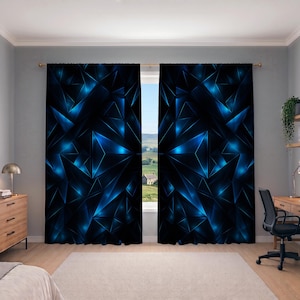 May include: A pair of floor-length curtains featuring a dark, abstract geometric pattern of black and deep blue triangles. The design incorporates sharp lines and glowing light effects that create a three-dimensional appearance across the fabric.