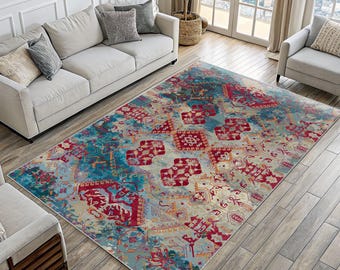 Cool Tones Modern Rug – Washable Blue & Teal Abstract Grid Carpet for Living Room and Kitchen, Stylish Easy-Clean Area Rug, Bedroom Rug