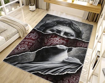 Ripped Statue Collage Rug, Dark Art Greek Sculpture Carpet, Urban Aesthetic Floor Decor