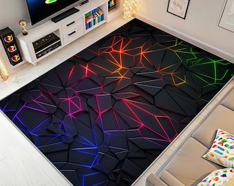Neon Geometric Gamer Rug: Colorful E-Sport Hexagonal Pattern